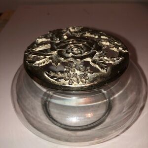 Decorative Glass Jar with pewter Floral Lid for potpourri or trinkets- used